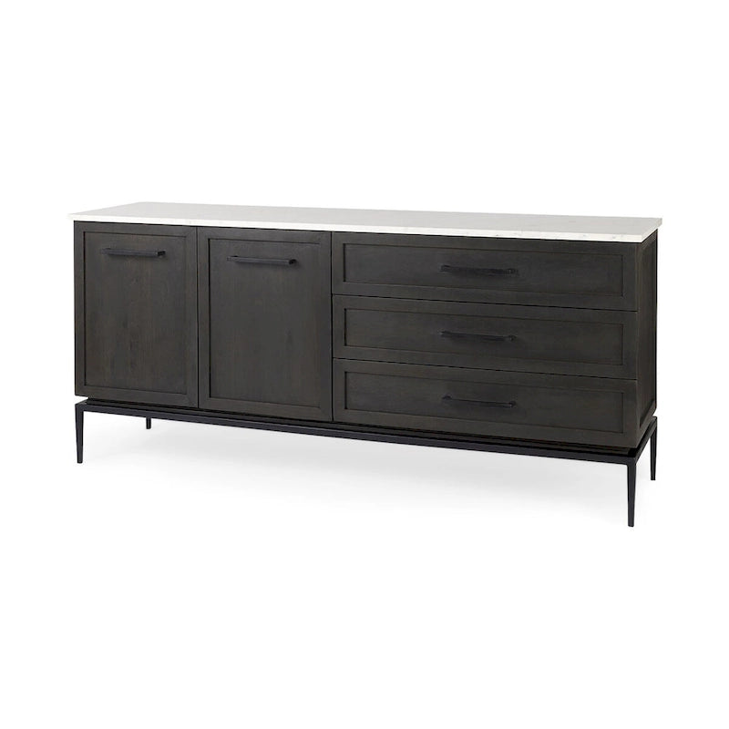 Solid Wood Divina Dark Brown Wood w/ White Marble and Black Metal Base Sideboard - 71.0L x 18.5W x 32.0H Cabinet - image 1