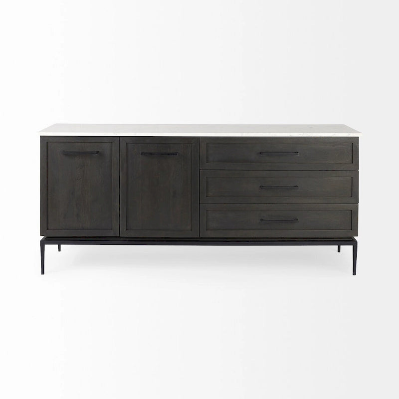 Solid Wood Divina Dark Brown Wood w/ White Marble and Black Metal Base Sideboard - 71.0L x 18.5W x 32.0H Cabinet - image 2