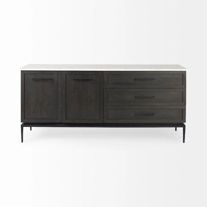 Solid Wood Divina Dark Brown Wood w/ White Marble and Black Metal Base Sideboard - 71.0L x 18.5W x 32.0H Cabinet - image 2