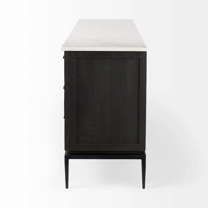 Solid Wood Divina Dark Brown Wood w/ White Marble and Black Metal Base Sideboard - 71.0L x 18.5W x 32.0H Cabinet - image 3