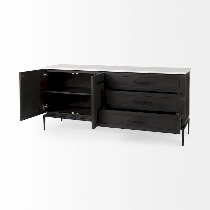 Solid Wood Divina Dark Brown Wood w/ White Marble and Black Metal Base Sideboard - 71.0L x 18.5W x 32.0H Cabinet - image 5