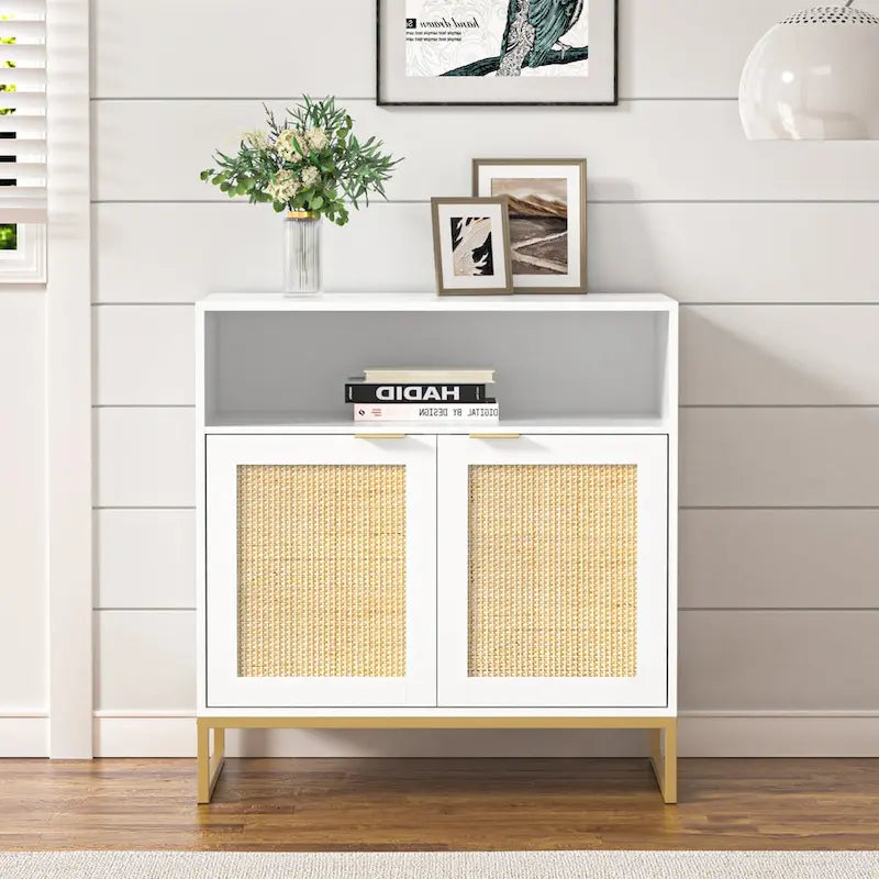 Anmytek Modern 2-Door White Wood Rattan Buffet Sideboard Kitchen Storage Cabinet with Adjustable Shelf