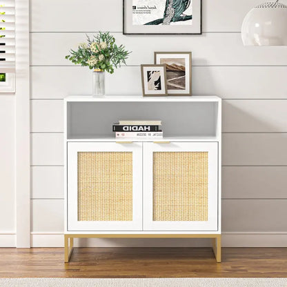 Anmytek Modern 2-Door White Wood Rattan Buffet Sideboard Kitchen Storage Cabinet with Adjustable Shelf