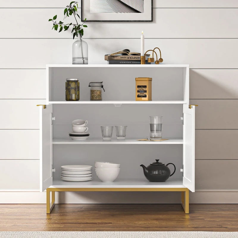 Anmytek Modern 2-Door White Wood Rattan Buffet Sideboard Kitchen Storage Cabinet with Adjustable Shelf
