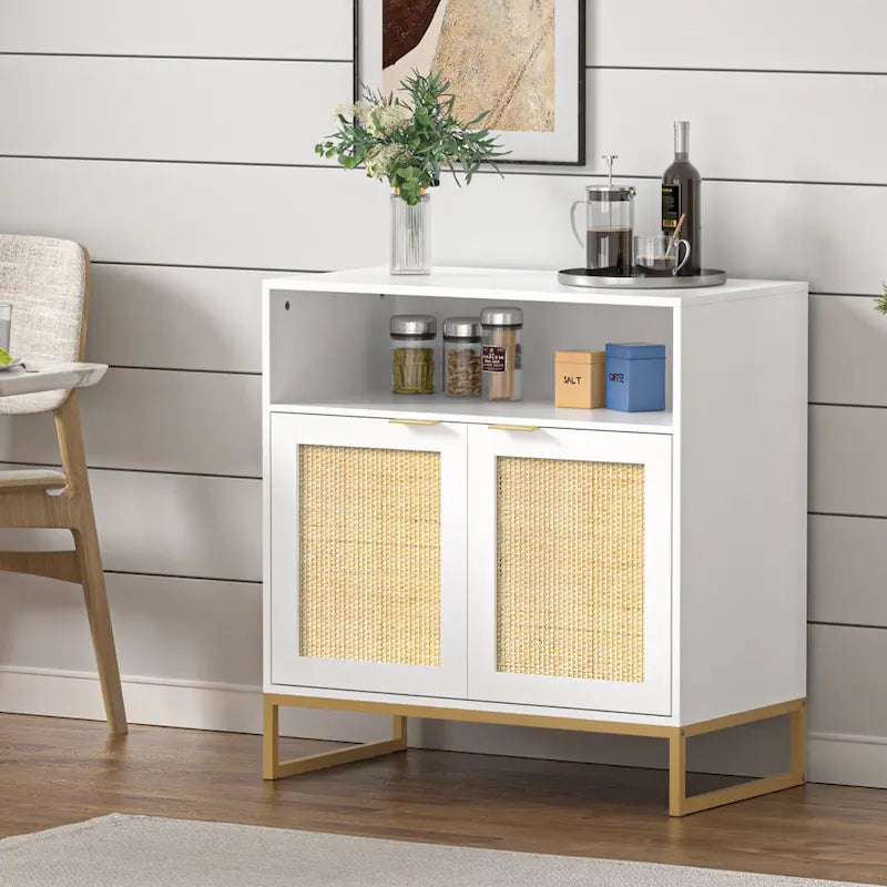 Anmytek Modern 2-Door White Wood Rattan Buffet Sideboard Kitchen Storage Cabinet with Adjustable Shelf