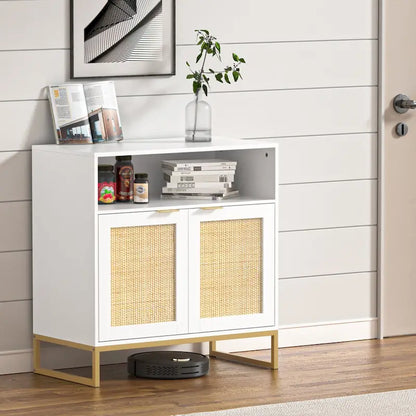 Anmytek Modern 2-Door White Wood Rattan Buffet Sideboard Kitchen Storage Cabinet with Adjustable Shelf