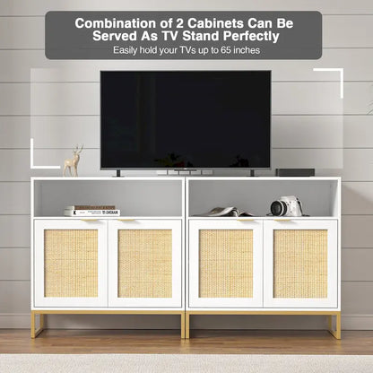 Anmytek Modern 2-Door White Wood Rattan Buffet Sideboard Kitchen Storage Cabinet with Adjustable Shelf