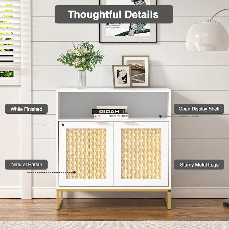 Anmytek Modern 2-Door White Wood Rattan Buffet Sideboard Kitchen Storage Cabinet with Adjustable Shelf