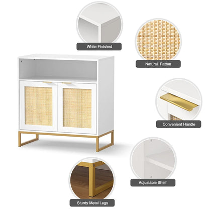 Anmytek Modern 2-Door White Wood Rattan Buffet Sideboard Kitchen Storage Cabinet with Adjustable Shelf