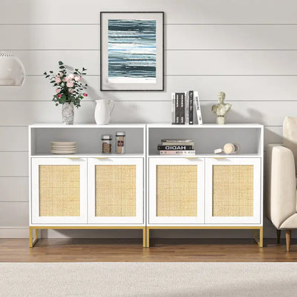 Anmytek Modern 2-Door White Wood Rattan Buffet Sideboard Kitchen Storage Cabinet with Adjustable Shelf
