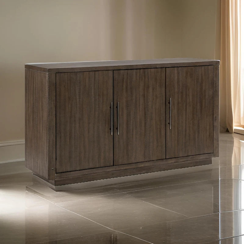 Olia 60 Inch Sideboard Buffet Server, 3 Cabinets, Adjustable Shelves, Brown