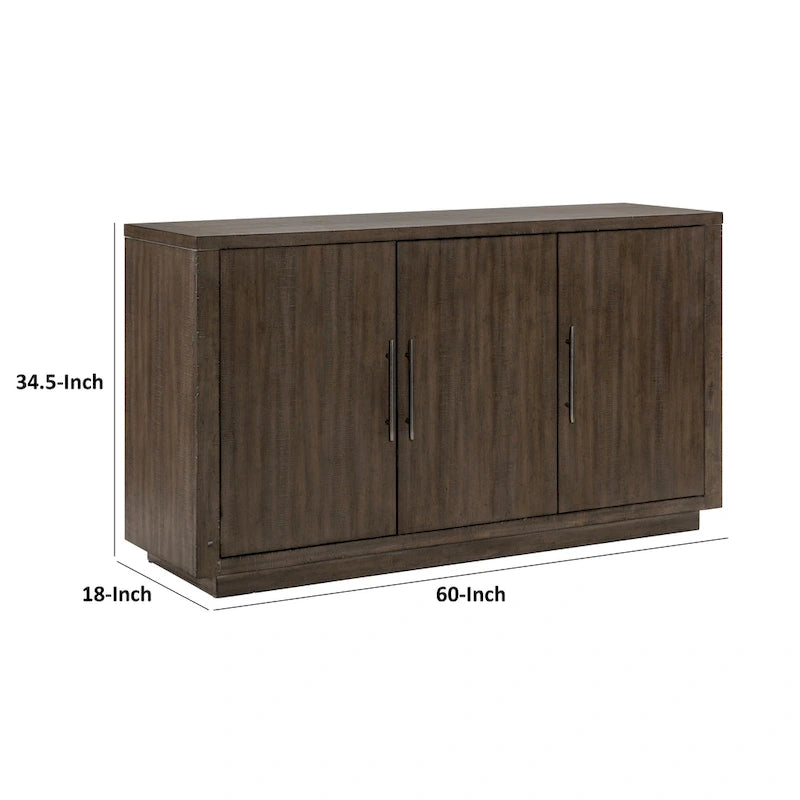 Olia 60 Inch Sideboard Buffet Server, 3 Cabinets, Adjustable Shelves, Brown