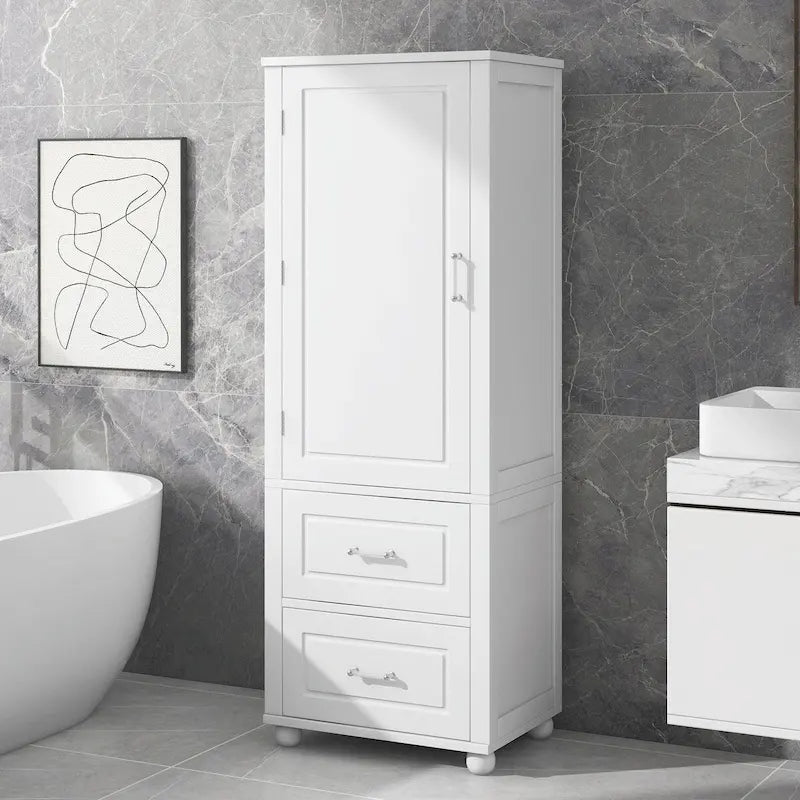 Tall Freestanding Bathroom Storage Cabinet with Two Drawers and Adjustable Shelf