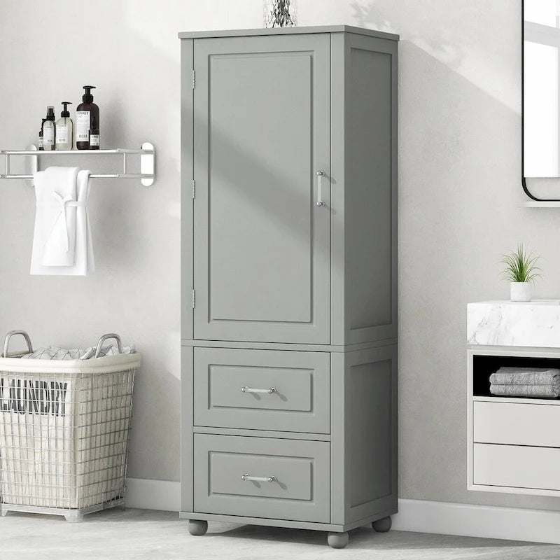 Tall Freestanding Bathroom Storage Cabinet with Two Drawers and Adjustable Shelf