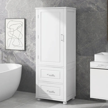 Tall Freestanding Bathroom Storage Cabinet with Two Drawers and Adjustable Shelf