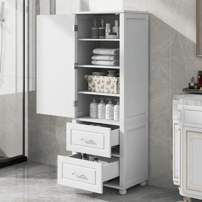 Tall Freestanding Bathroom Storage Cabinet with Two Drawers and Adjustable Shelf
