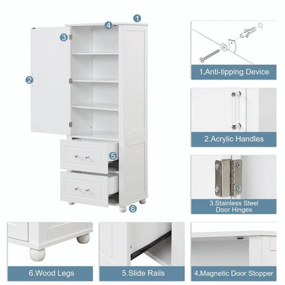 Tall Freestanding Bathroom Storage Cabinet with Two Drawers and Adjustable Shelf