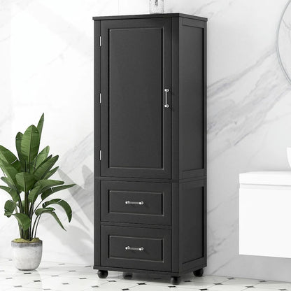Tall Freestanding Bathroom Storage Cabinet with Two Drawers and Adjustable Shelf
