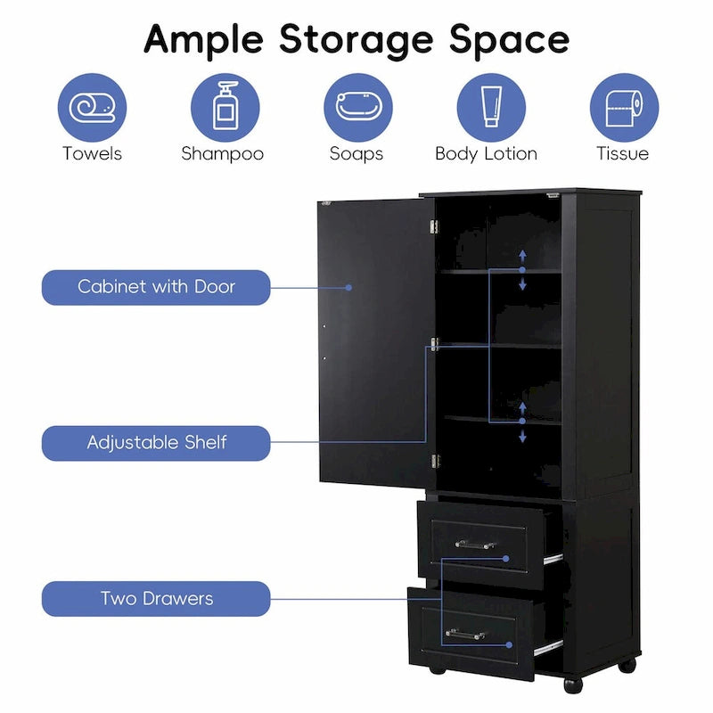 Tall Freestanding Bathroom Storage Cabinet with Two Drawers and Adjustable Shelf