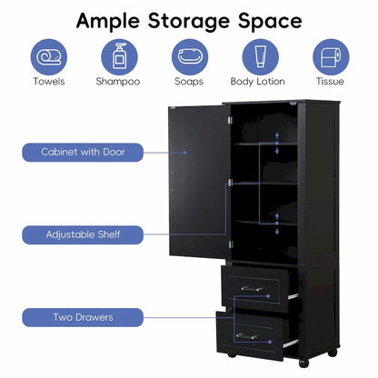 Tall Freestanding Bathroom Storage Cabinet with Two Drawers and Adjustable Shelf