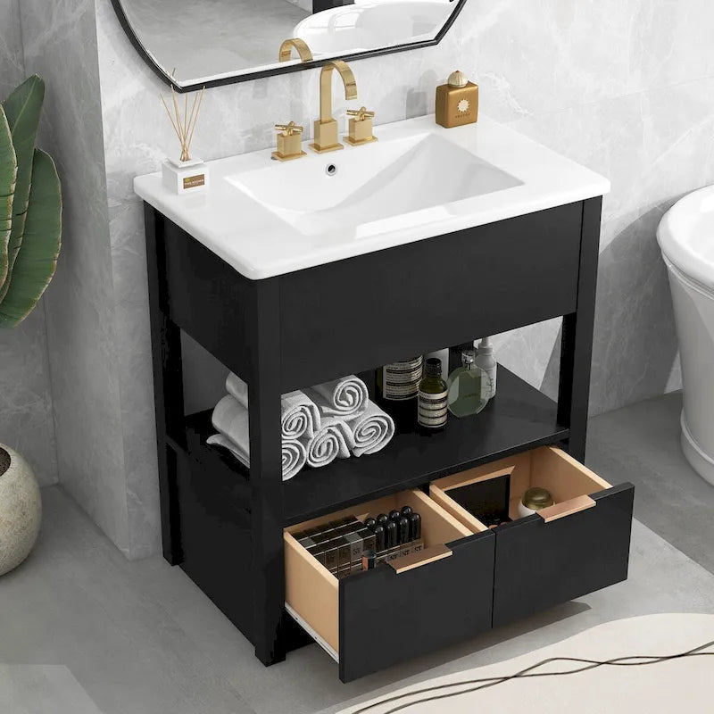 Bathroom Cabinet with Open Storage Shelf and Two Drawers