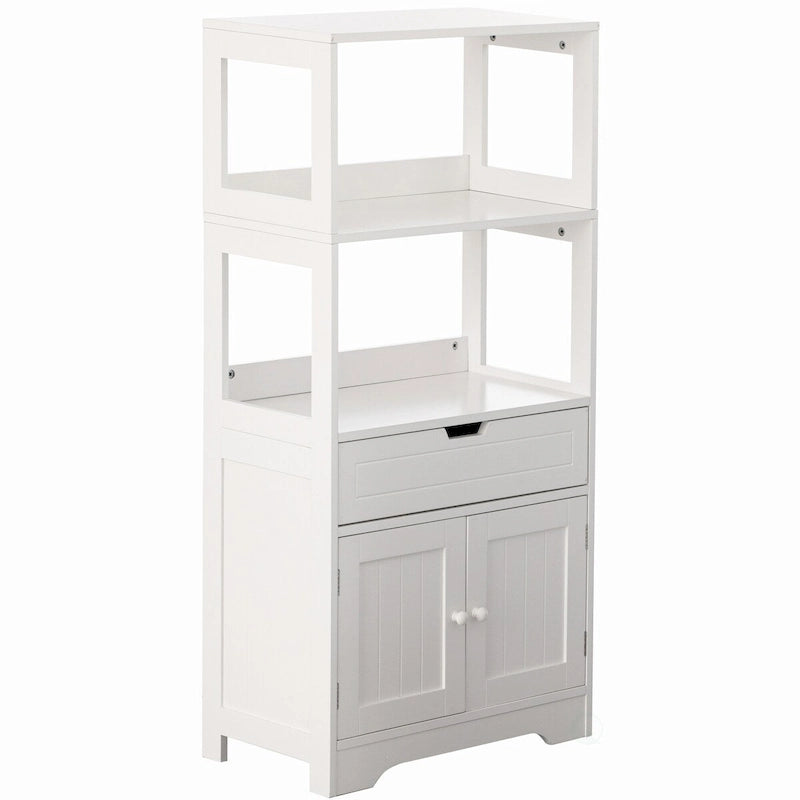 Tall Freestanding Wooden Storage Vanity, Kitchen Pantry, and Bathroom Cabinet Organizer, A drawer and 2 Door Cabinet, White