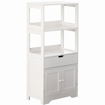 Tall Freestanding Wooden Storage Vanity, Kitchen Pantry, and Bathroom Cabinet Organizer, A drawer and 2 Door Cabinet, White