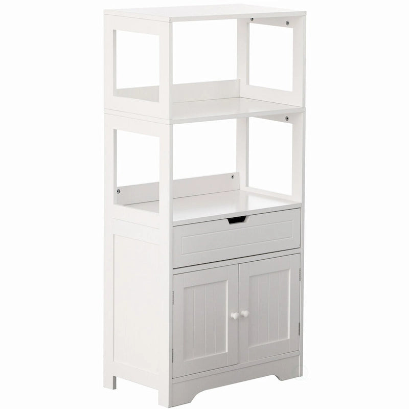 Tall Freestanding Wooden Storage Vanity, Kitchen Pantry, and Bathroom Cabinet Organizer, A drawer and 2 Door Cabinet, White