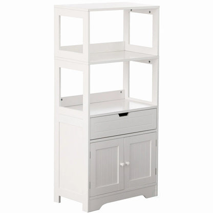 Tall Freestanding Wooden Storage Vanity, Kitchen Pantry, and Bathroom Cabinet Organizer, A drawer and 2 Door Cabinet, White