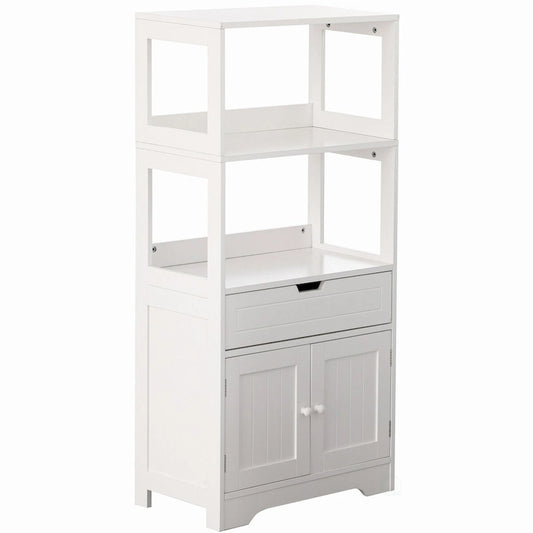 Tall Freestanding Wooden Storage Vanity, Kitchen Pantry, and Bathroom Cabinet Organizer, A drawer and 2 Door Cabinet, White