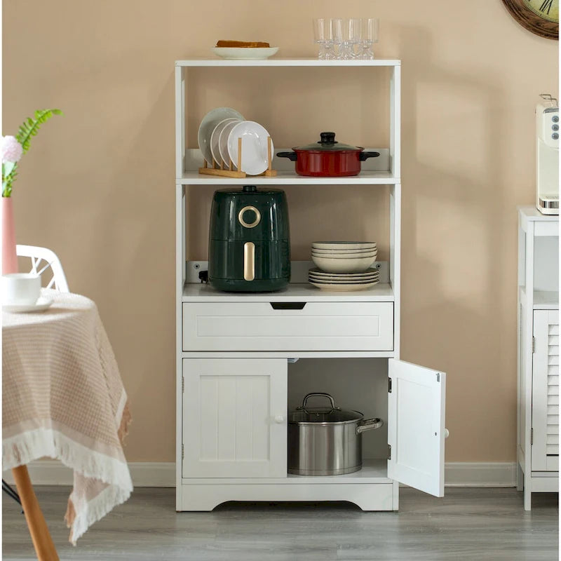 Tall Freestanding Wooden Storage Vanity, Kitchen Pantry, and Bathroom Cabinet Organizer, A drawer and 2 Door Cabinet, White