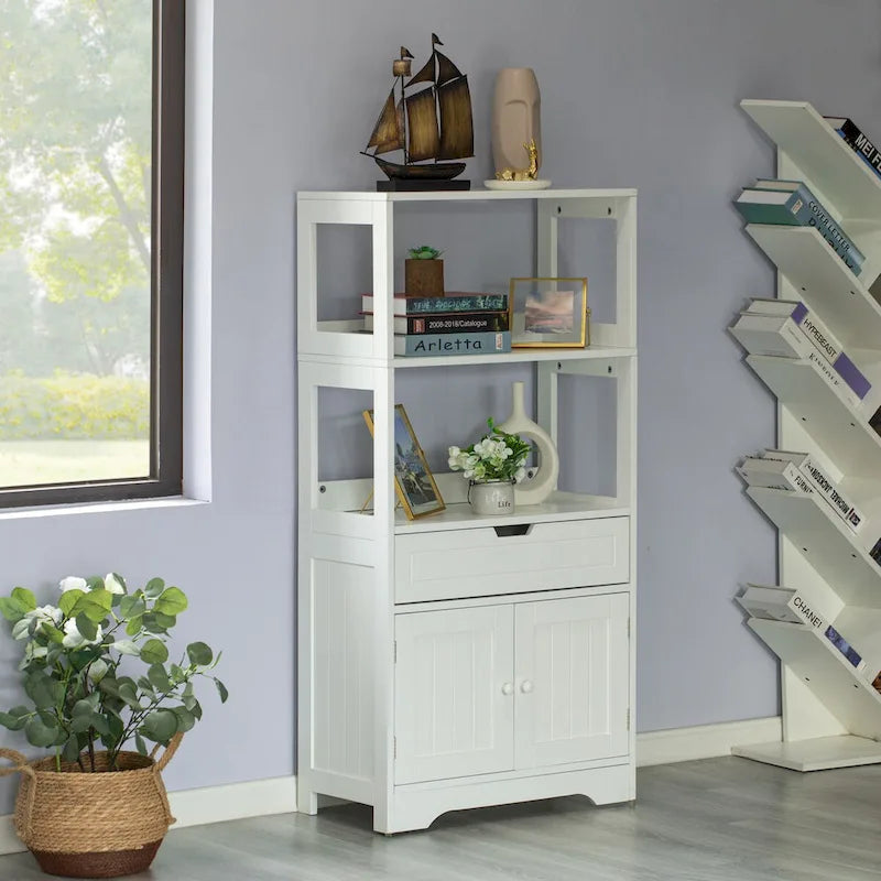 Tall Freestanding Wooden Storage Vanity, Kitchen Pantry, and Bathroom Cabinet Organizer, A drawer and 2 Door Cabinet, White