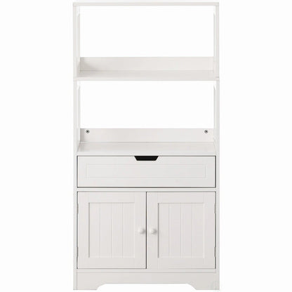Tall Freestanding Wooden Storage Vanity, Kitchen Pantry, and Bathroom Cabinet Organizer, A drawer and 2 Door Cabinet, White