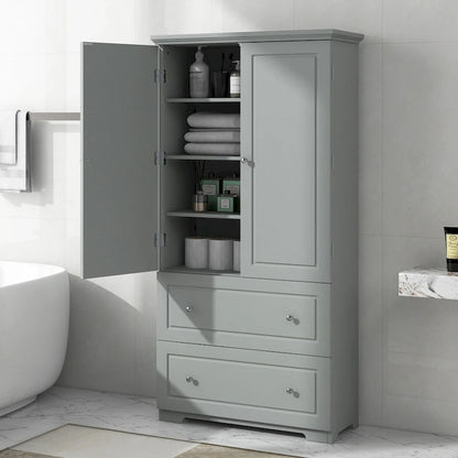 Tall Bathroom Storage Cabinet, Freestanding Storage Cabinet with Two Drawers and Adjustable Shelf