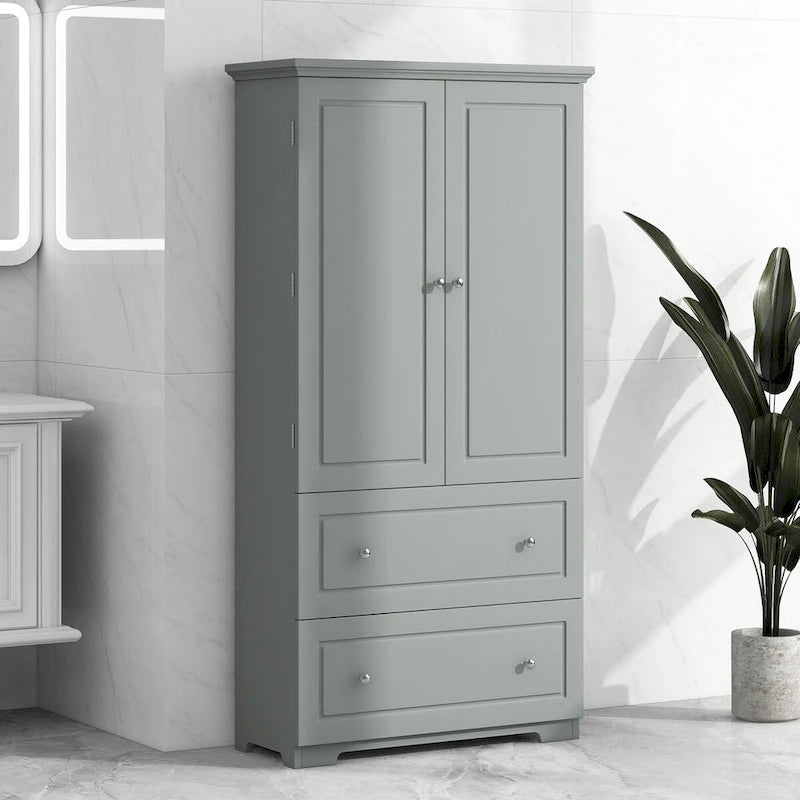 Tall Bathroom Storage Cabinet, Freestanding Storage Cabinet with Two Drawers and Adjustable Shelf