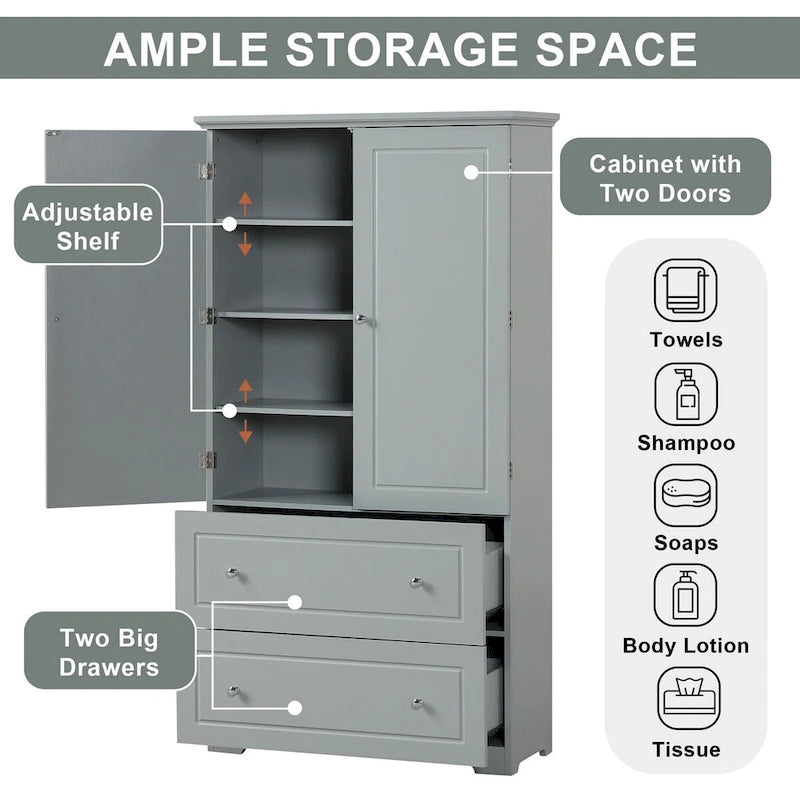 Tall Bathroom Storage Cabinet, Freestanding Storage Cabinet with Two Drawers and Adjustable Shelf
