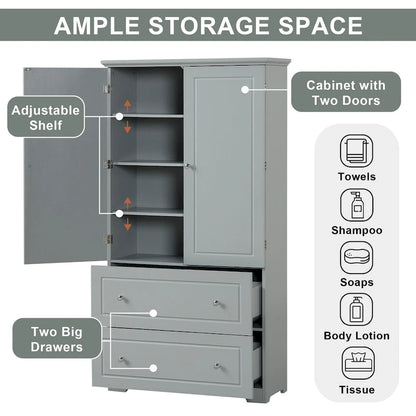 Tall Bathroom Storage Cabinet, Freestanding Storage Cabinet with Two Drawers and Adjustable Shelf