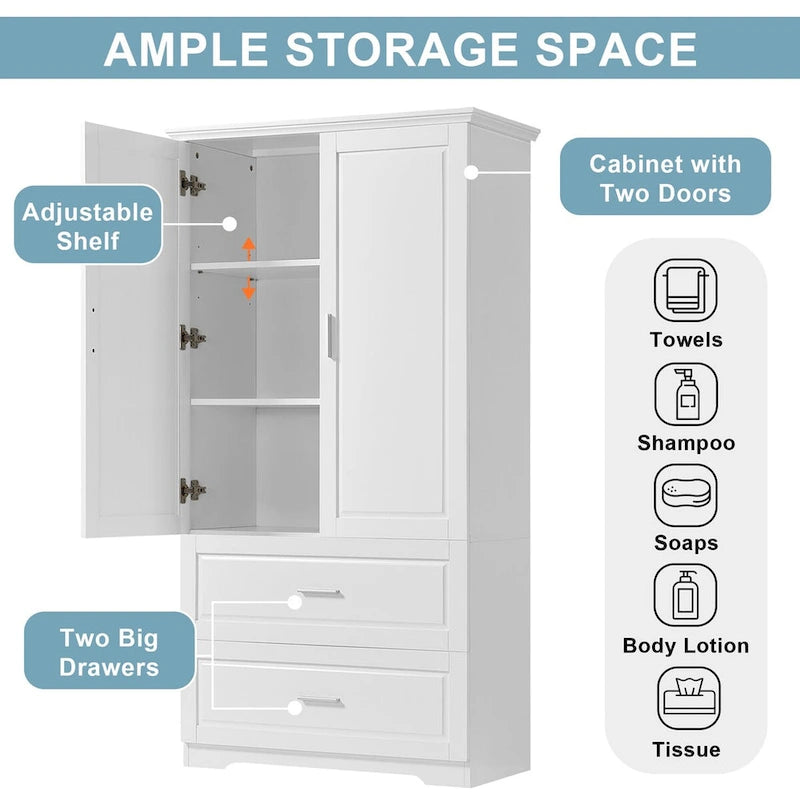 Tall Bathroom Storage Cabinet, Freestanding Storage Cabinet with Two Drawers and Adjustable Shelf