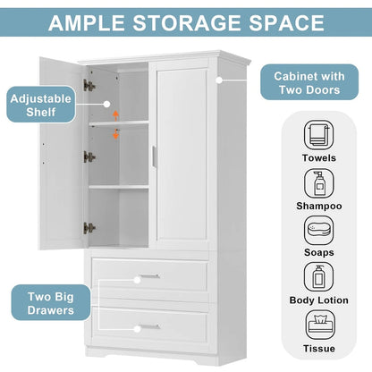 Tall Bathroom Storage Cabinet, Freestanding Storage Cabinet with Two Drawers and Adjustable Shelf