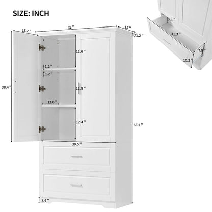Tall Bathroom Storage Cabinet, Freestanding Storage Cabinet with Two Drawers and Adjustable Shelf