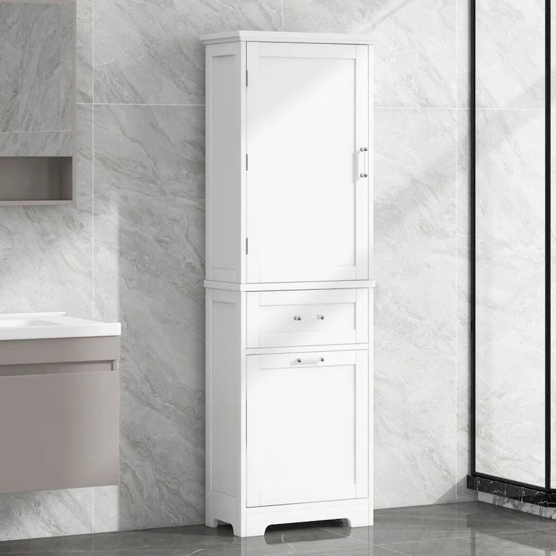 Tall Bathroom Storage Cabinet with Two Different Size Drawers and Adjustable Shelf Freestanding Storage Cabinet