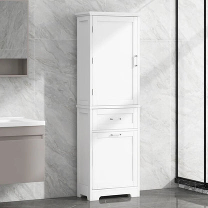 Tall Bathroom Storage Cabinet with Two Different Size Drawers and Adjustable Shelf Freestanding Storage Cabinet