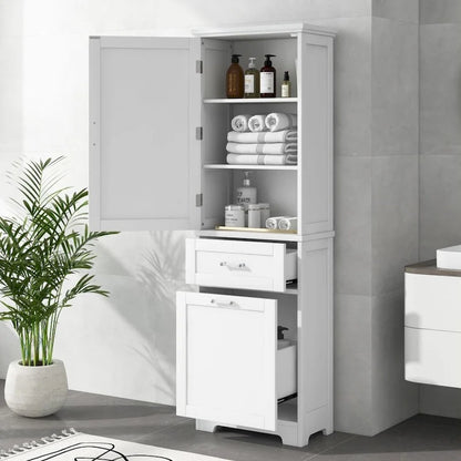 Tall Bathroom Storage Cabinet with Two Different Size Drawers and Adjustable Shelf Freestanding Storage Cabinet