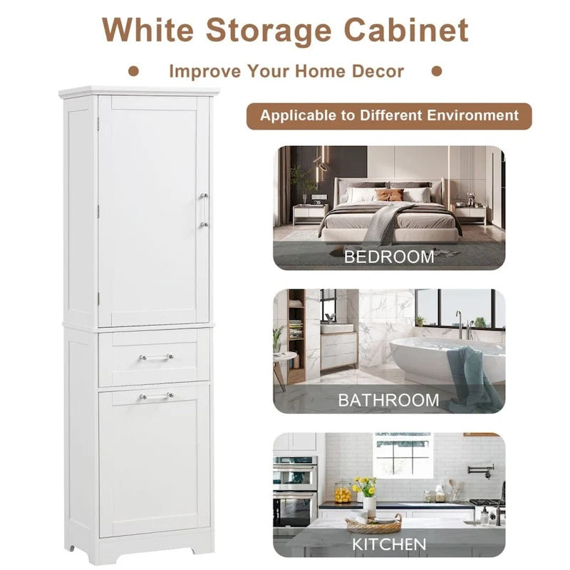 Tall Bathroom Storage Cabinet with Two Different Size Drawers and Adjustable Shelf Freestanding Storage Cabinet