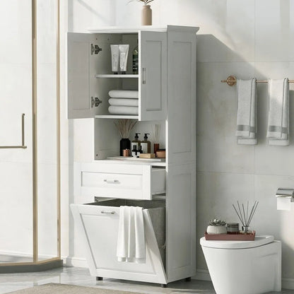 Tall Bathroom Cabinet with Tilt-Out Laundry Hamper and Storage Cabinet
