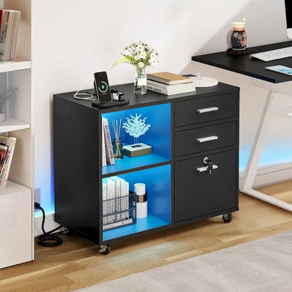 Moasis 3 Drawers Mobile LED Light Filing Cabinet with Charging Station Fit for A4/Letter Size