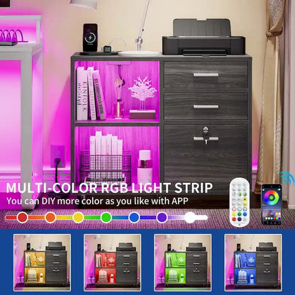 Moasis 3 Drawers Mobile LED Light Filing Cabinet with Charging Station Fit for A4/Letter Size