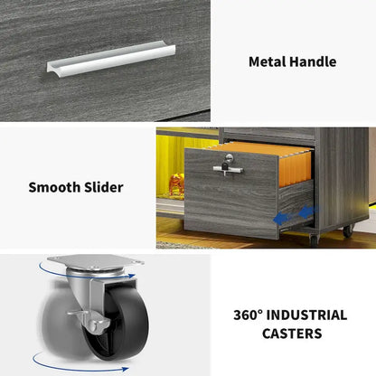 Moasis 3 Drawers Mobile LED Light Filing Cabinet with Charging Station Fit for A4/Letter Size