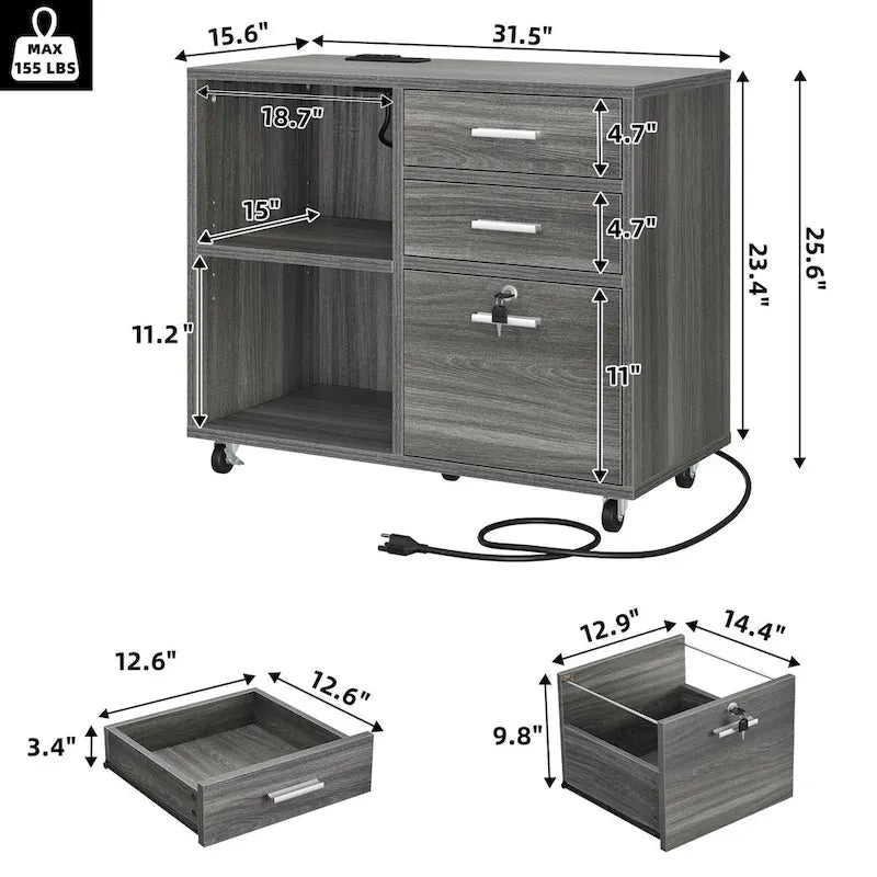 Moasis 3 Drawers Mobile LED Light Filing Cabinet with Charging Station Fit for A4/Letter Size