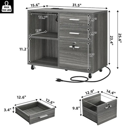 Moasis 3 Drawers Mobile LED Light Filing Cabinet with Charging Station Fit for A4/Letter Size